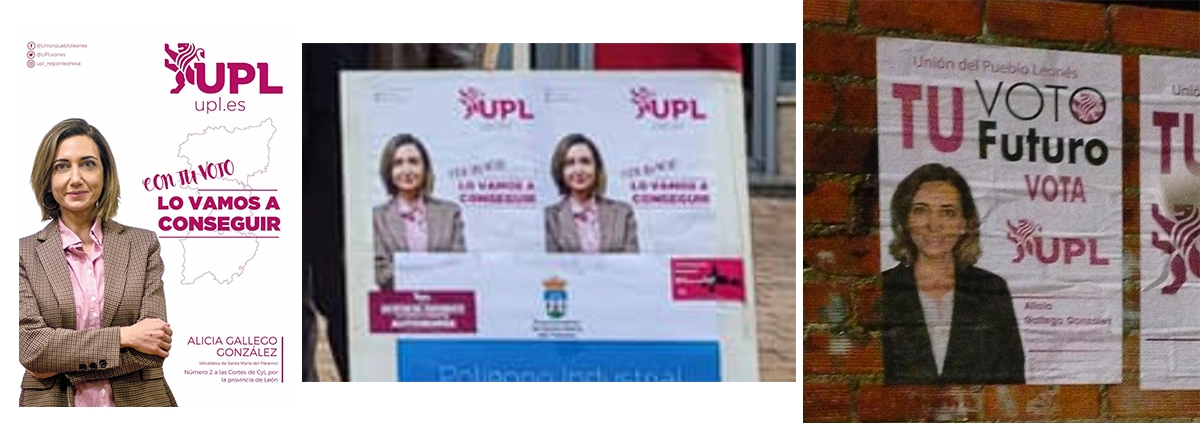 Izquierda, cartel electoral de las Autonómicas 2022. Centro, carteles ayer en el mercado. Derecha, carteles pegados para las municipales 2023