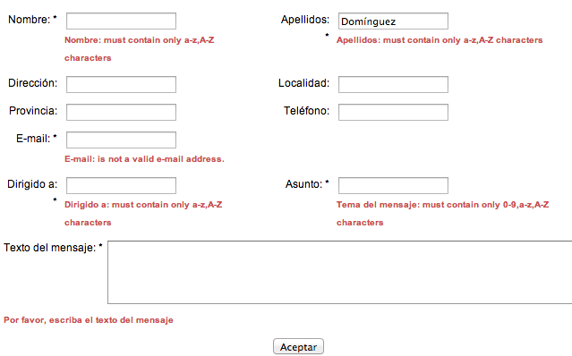 Formulario de contacto en la web del Ayuntamiento