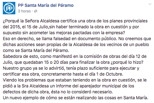 Nota del PP en su web en Facebook